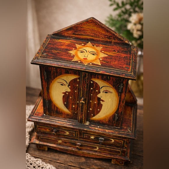 Vintage Hand Painted Sun Moon Wooden Jewelry Box Folk Art Cabinet - Picture 2 of 9